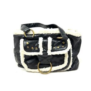 Vintage Black Flight Bag Faux Shearling and Leather Y2K Studded Brass Ring